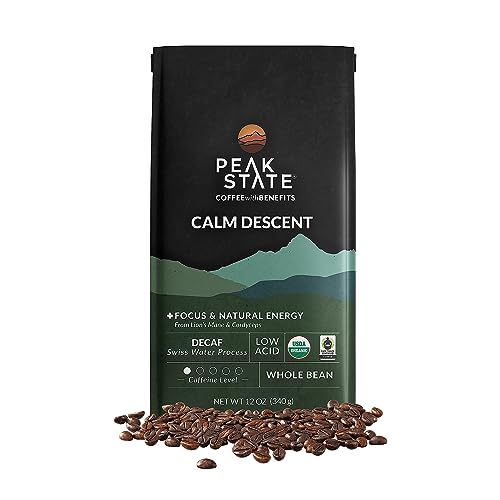 Peak State Coffee with Benefits - Organic Decaf Coffee Beans - CALM DESCENT Swiss Water Process Decaf with Lion's Mane & Cordyceps - Mushroom Coffee Decaf - Organic- Mold Free, Pesticide Free, Non-GMO, Low Acid (12 oz, Whole Bean - $1.13/cup)