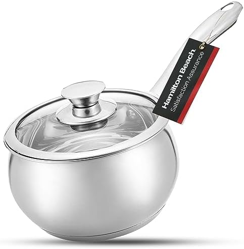 Hamilton Beach Sauce Pan Stainless Steel 2 Quart with Glass Lid, Ergonomic Handle, Multipurpose Sauce Pan with Lid, Small Pot for Cooking