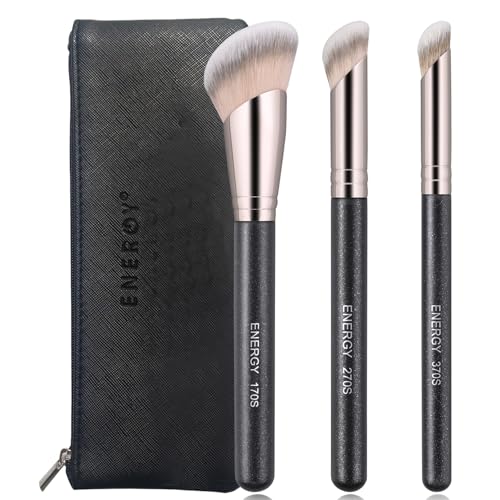 ENERGY Angled Makeup Brushes Set Vegan Powder Foundation Bronzer Nose Contour Concealer Makeup Brush for Liquid Cream Setting Powders Blending with Travel Bag