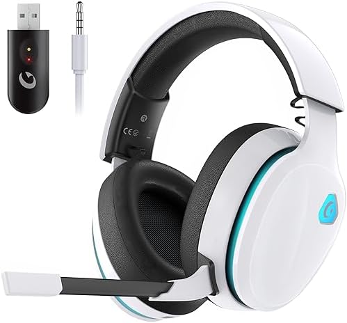 2.4GHz Wireless Gaming Headset for PS5, PS4 Fortnite & Call of Duty/FPS Gamers, PC, Nintendo Switch, Bluetooth 5.3 Gaming Headphones with Noise Canceling Mic, Stereo Sound, 40+Hr Battery -White