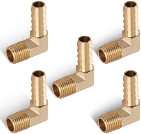 5pcs Brass Hose Barb Fittings 90 Degree Elbow 3/8 Inch Barb to 1/4 Inch NPT Male Thread Air Hose Fittings Adapter Connector Water Fuel Air Line Fittings Barb Elbow Fittings