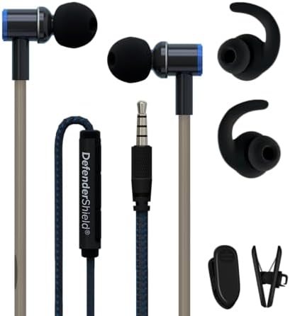 DefenderShield Air Tube Stereo Wired Earbuds – Universal Acoustic Headphones with Built-in Mic & Audio Controls – Secure Fit Wired Headphones with 3.5mm Audio Jack, Sports Tips & 3 Ear Tip Sizes