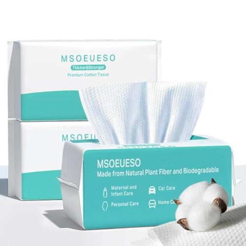 MSOEUESO Soft Dry Wipes Cotton Facial Tissues, 300 Count Disposable Face Towel, Cotton Clean Towels for Sensitive Skin, Facial Cleansing, Makeup Removing, Surface Cleaning (300 Count (Pack of 3))