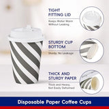 JOLLY CHEF 100 Pack 12 oz Paper Coffee Cups, Disposable Printed Drinking Cups with Lids for Home, Business, Restaurant and Cafe(Stripes and Grey)