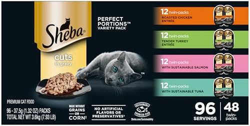 Sheba Perfect Portions Cuts in Gravy Wet Cat Food Variety Pack, Roasted Chicken Entrée, Tender Turkey Entrée, with Sustainable Salmon, and with Sustainable Tuna, 2.6 oz. Trays (48 Count, 96 Servings)