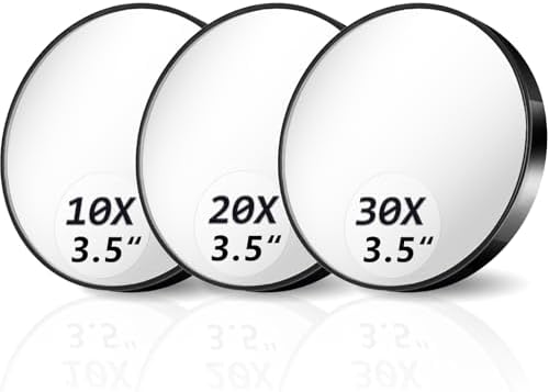 Magnifying Mirror 10X&20X&30X Set, Magnified Mirror 3.5" with Two Suction Cups and Tweezers, Travel Magnifying Mirror Comes with Portable Storage Bag, Compact Small Magnifying Mirror for Travel(Black)
