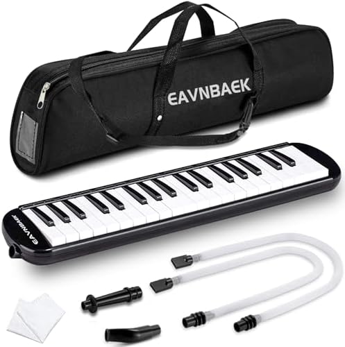 37 Keys Melodica Instrument, Soprano Melodica Air Piano Keyboard Pianica with 2 Soft Long Tubes, 2 Short Mouthpieces and Carrying Bag (Black)