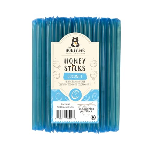 The Honey Jar Coconut Flavored Honey Sticks - Pure Honey Straws For Tea, Coffee, or a Healthy snack - One Teaspoon of Flavored Honey Per Stick - Made In The USA with Real Honey - (50 Count)