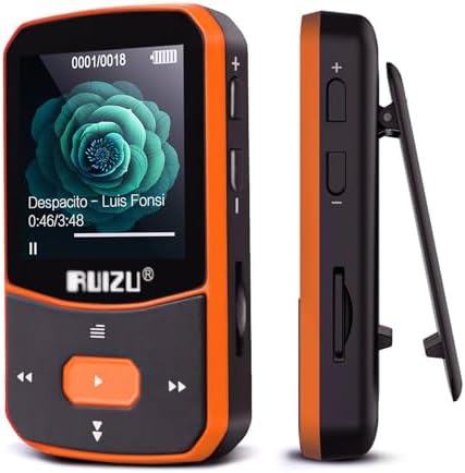 RUIZU 64GB Clip MP3 Player with Bluetooth 5.3, Portable Music Player with Voice Recorder for Sport Running, FM Radio, Pedometer, A-B Repeat, Audio Shuffle Playback, Support 128GB Micro SD Card, Orange