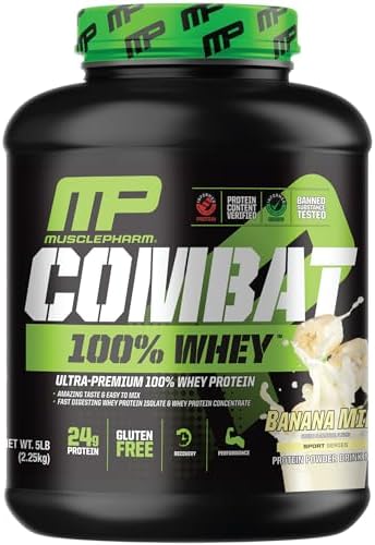 MusclePharm Combat 100% Whey Protein Powder, Banana Milk Flavor, Fast Recovery & Muscle Gain with Whey Protein Isolate, High Protein Powder for Women & Men, Gluten Free, 5 lb, 70 Servings
