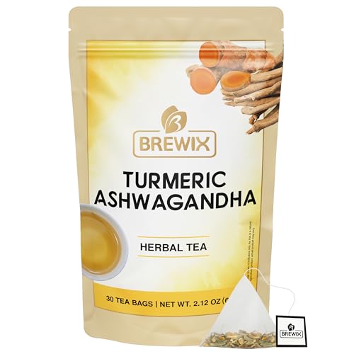 BREWIX, Turmeric Tea with Ashwagandha Root (30 Plant Based Tea Bags) Herbal Tea For Health & Wellbeing, Caffeine Free & Naturally Gluten Free | Supports Restful Sleep | Curcumin Rich Golden Milk | Black Pepper, Licorice, Lemongrass