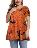 MONNURO Womens Halloween Shirts Short Sleeve Casual Loose Fit Flare Swing Plus Size Tunic Tops(Halloween Orange,1X)