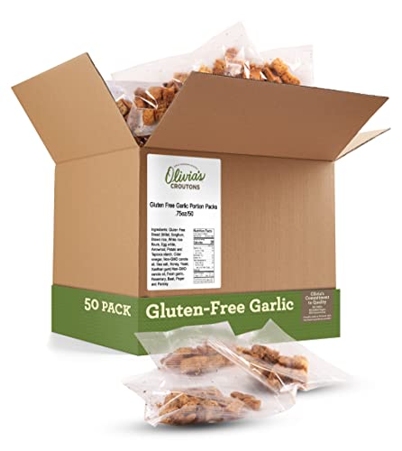 Olivia’s Gluten Free Croutons For Salad – Crunchy Garlic Soup Crouton – Made from Seasoned Ancient Grain Gluten-Free Artisan Bread – Dairy Free, Vegetarian, Made In USA, .75 Oz (50 count)