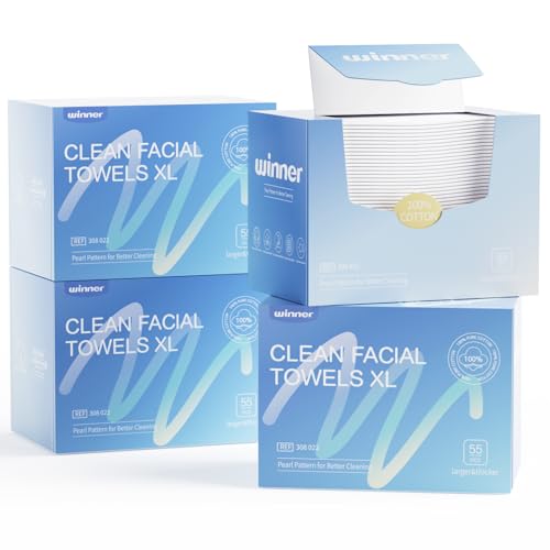 Winner Face Towels XL, 100% USA Cotton Disposable Face Towel, Odor-Free, Ultra Soft Makeup Remover Wipes for Sensitive Skin, Biodegradable, 220 Count, 4 Pack