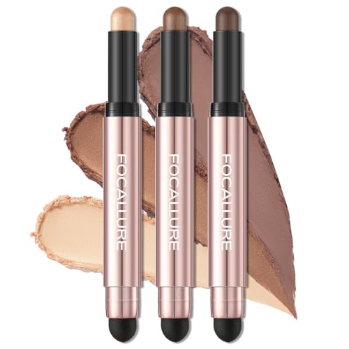 FOCALLURE 3 Pcs No Crease Eyeshadow Sticks,Shimmer & Matte Eye Shadow Crayon with Blending Brush,Smooth Cream Highlighter Pen,Long Lasting Eyeshadow Brightener Stick Makeup,July In Seattle