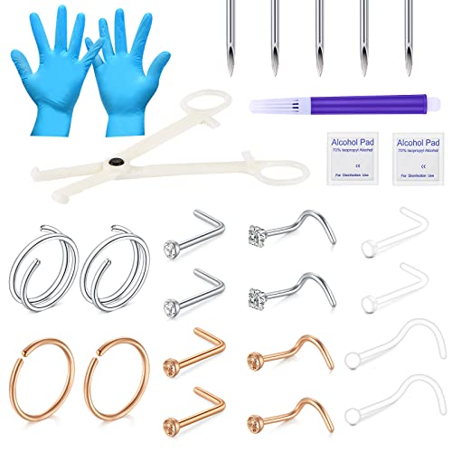 JIESIBAO 26PCS Nose Piercing Kit, Piercing Needles with 18G 20G CZ Nose Screw Studs Double Nose Rings Hoop Captive Nose Rings Stainless Steel Jewelry for Nose Septum Piercing Needles Kit