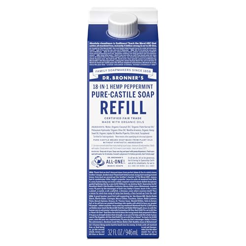 Dr. Bronner's Pure-Castile Liquid Soap Refill - Made with Regenerative Organic Certified Oils, 82% Less Plastic - 18-in-1 Uses for Face, Body Wash, Hand Soap Refill & More Peppermint, 32oz