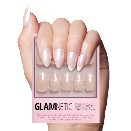 Glamnetic Press On Nails - Winter Glaze | Short Almond Snowflake Nails with French Tips, Reusable Stick On Fake Nails with Glue | Salon Quality | 15 Sizes - 30 Nail Kit