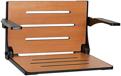 Seachrome Silhouette Comfort Folding Wall Mount Shower Bench Seat with Arms, Teak Seat with Matte Black Frame