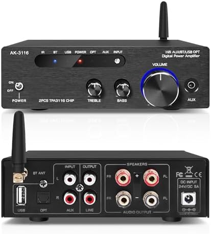 Amplifier Home Audio,Stereo Receiver Bluetooth 5.3 Power amp 100W x2 Wireless HiFi Stereo Class D Digital 2 Channel Integrated with Bass Treble Control for Passive Speakers