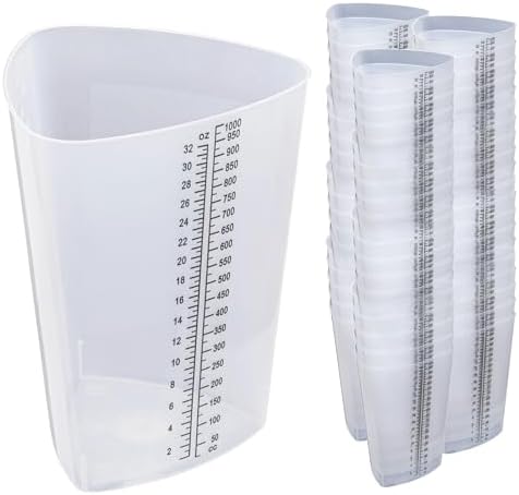 Plastic Graduated Triangular Intake Output Container [60 Pack] 32 oz Three-Sided Translucent Laboratory Beaker for Measuring and Mixing - Clear Markings in oz and cc - for Specimen, Paint and Epoxy
