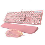 Typewriter Mechanical Gaming Keyboard and Mouse Combo, Retro Punk Round Keycaps White LED Backlit USB Wired Computer Keyboard for Game and Office, for Windows Laptop PC, Red Switches(Pink)