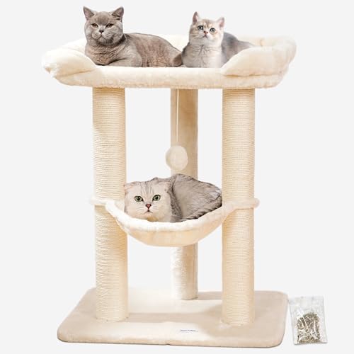 Happi N Pets 28" Large Cat Tree Tower for Indoor Cats, Cat Scratch Post with Large Bed for Maine Coon Big Cats, Sisal Cat Scratcher with Soft Perch & Hammock, Stable Cat Stand, Removable Cover-Beige