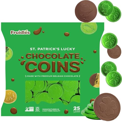 Saint Patrick's Day 25 Clover Shamrock Leprechaun Chocolate Green Coins, Premium Belgian Nut-Free Milk Chocolate, Kosher (25-Pack)