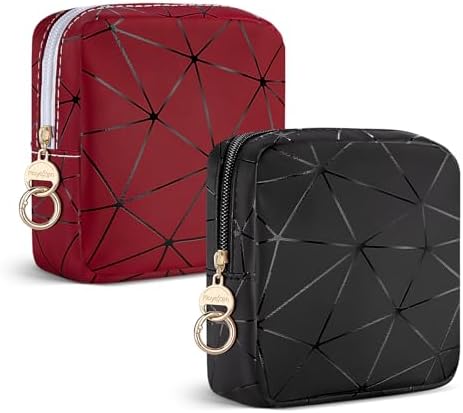 2 PCS Mini Makeup Bag for Purse, Small Cosmetic Bag Set for Women Girls, Small Travel Makeup Pouch for Purse (Black+Red)