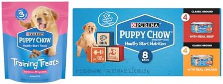 Purina Puppy Chow Healthy Start Variety Pack, 1 Bag of Real Salmon Training Treats (24 oz), 1 Box of Wet Puppy Food Cans Classic Ground Variety of Chicken & Beef (8-5.5 oz Cans)