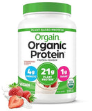 Orgain Organic Vegan Protein Powder, Strawberries & Cream - 21g Plant Based Protein, 4g Prebiotic Fiber, Low Net Carb, No Lactose Ingredients, No Added Sugar, Non-GMO, For Shakes & Smoothies, 2.03 lb