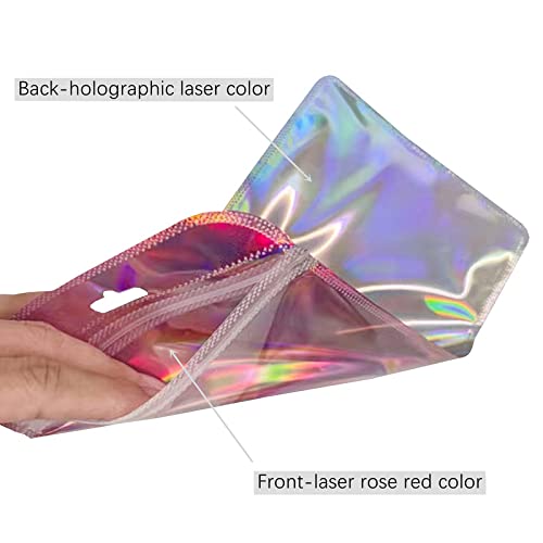 200 Pack Resealable Holographic Bags for Small Business Pink Ziplock Baggies for Jewelry,Lip Gloss,Lash,Zipper Bags Stripping Smell Proof Bag Sample Pouch Packaging Bags (2.4x7.3 inch,Small Size)