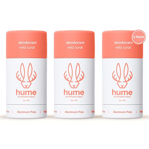 Hume Supernatural Aluminum Free Deodorant for Women & Men - Safe for Sensitive Skin - Probiotic, Plant-Based, Baking Soda Free, Aloe, & Cactus Flower, Anti Sweat, Stain & Odor - Wild Coral, 3-Pack