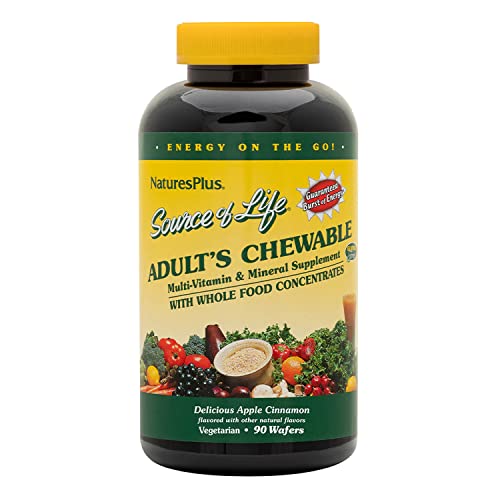 Natures Plus Source of Life Adult Chewable Multivitamin - 90 Vegetarian Wafers - Apple Cinnamon Flavor - Natural Whole Foods Supplement - Overall Health, Energy - Gluten-Free - 45 Servings