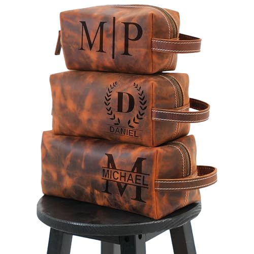 Personalized Leather Toiletry Bag for Men, Shaving Dopp Kit with Name & Initial, Monogrammed Travel Bag, Ideal Gift for Groomsmen, Boyfriend, Husband & Dad