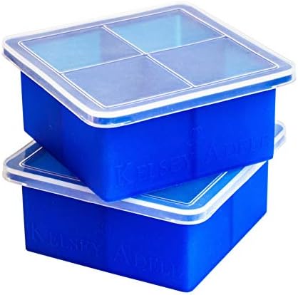 Kelsey Adele King Cube Ice Tray with Lid - Premium Silicone Mold for 2" Large Cubes, Best For Whiskey Bourbon Scotch Lovers; Good For Baby Food Freezer Storage, Freezing Instant Pot Broth - 1/2 Cup,