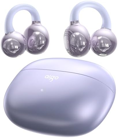 aigo CA05 Open Ear Earbuds Clip on Wireless Bluetooth 5.4 Headphones with Mic for iPhone,Android,Laptop,Enc Noise Reduction,50H Play,Waterproof Comfortable Wireless Earbuds Fit Sports Workout,Purple