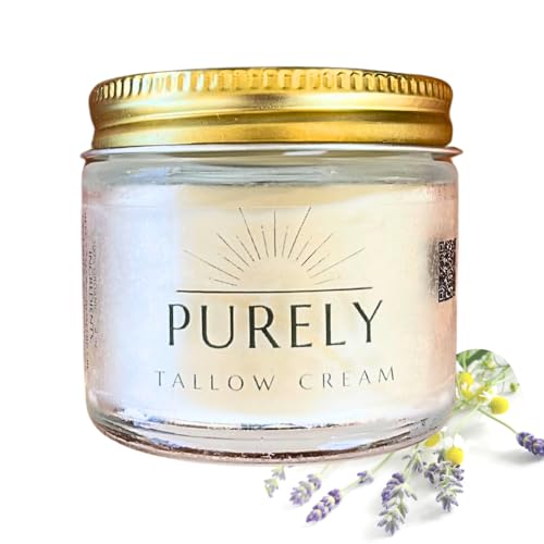 Purely Tallow Cream- Pasture-fed Beef Tallow- Moisturizer/Body Butter- Herbal Infused with Lavender & Chamomile (Unscented)- Dry Skin, Eczema, Psorasis, Infant-Safe -Organic (2 oz)