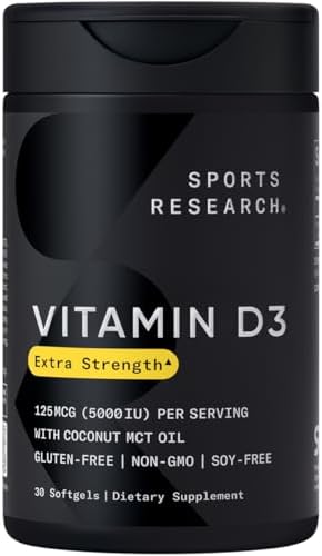 Sports Research Vitamin D3 5000 IU with Coconut MCT Oil - High Potency Vitamin D Supplement for Immune & Bone Support - Non-GMO Verified, Gluten & Soy Free – 125mcg, 30 Liquid Softgels