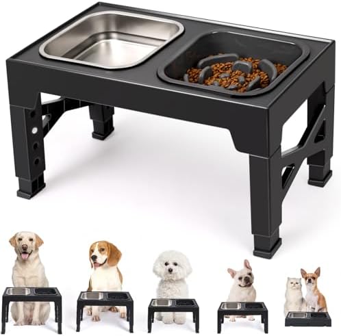 Niubya Elevated Dog Bowls, with Slow Feeder Bowl and Stainless Steel Dog Food Bowl, Raised Dog Bowls Adjusts to 5 Heights (3.15", 8.66", 9.84",11.02", 12.2") for Small Medium and Large Dogs