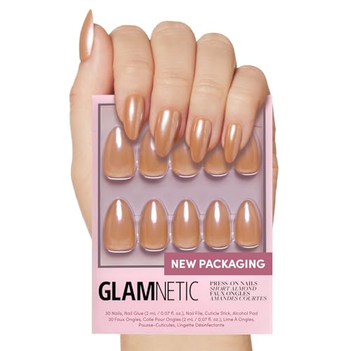Glamnetic Press On Nails - Maple Glaze | Short Almond Nude Brown Neutral Nails with Glaze Finish | 15 Sizes - 30 Nail Kit with Glue
