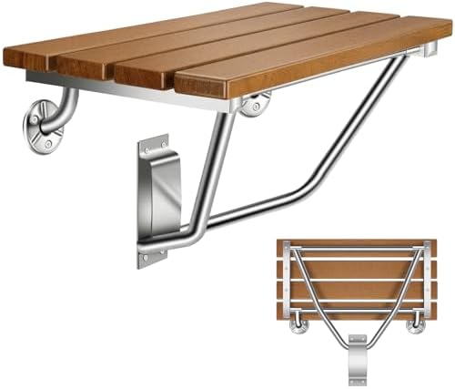 Folding Shower Seat Wall Mounted 20" with Stainless Steel Bracket, Structural Stability, 500 lb Capacity, Space-Saving, Teak Shower Bench for The Elderly, Disabled, Pregnant Individuals, Children