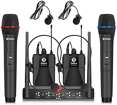 Debra Audio Pro UHF 4 Channel Wireless Microphone System with Cordless Handheld Lavalier Headset Mics, Metal Receiver, Ideal for Karaoke Church Party (with 2 Handheld & 2 Bodypack (B))