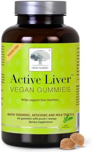 NEW NORDIC Active Liver Gummies, Milk Thistle, Artichoke & Turmeric Supplement, Natural Peach & Mango Flavor, Sugar Free & Vegan, 60 Count (Pack of 1)