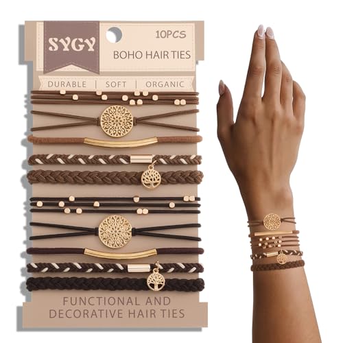 10 PCS Hair Ties Bracelets, Boho Hair Ties for Thick & Thin Hair, Cute Stretch Bracelets, Braided Hair Ties for Ponytail Holders, 5 Styles Hair Ties No-Damage, Dark Coffee