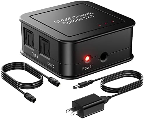 Digital Optical Audio Splitter, SPDIF Toslink Optical Fiber Audio Splitter, 1 in 3 Out Toslink Splitter with Optical Cable, Support Dolby Digital & DTS 5.1 for PS3 Blue-Ray DVD HDTV
