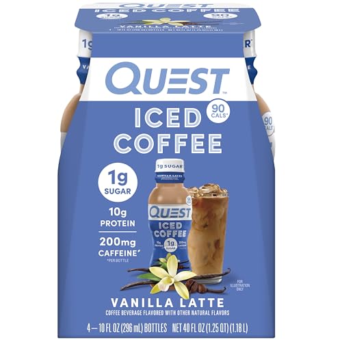 Quest Nutrition Iced Coffee, Vanilla Latte, 1g of Sugar, 10g of Protein, 90 calories, 200mg of caffeine, 4 Count