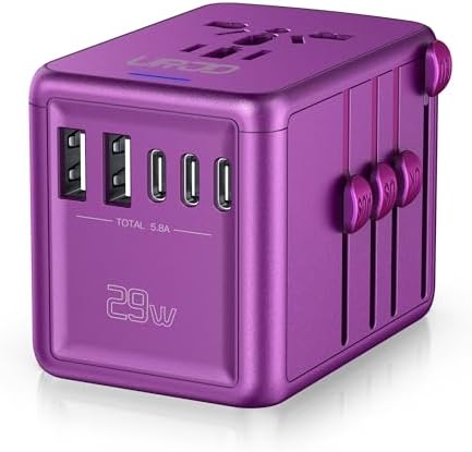 Universal Travel Adapter Offers 5.8A 3X 3.0A USB-C Ports, 2X 2.4A USB-A Ports and Multi AC Outlet, All-in-One International Power Plug Adapter Worldwide Travel Charger for EU USA UK AUS (Purple)