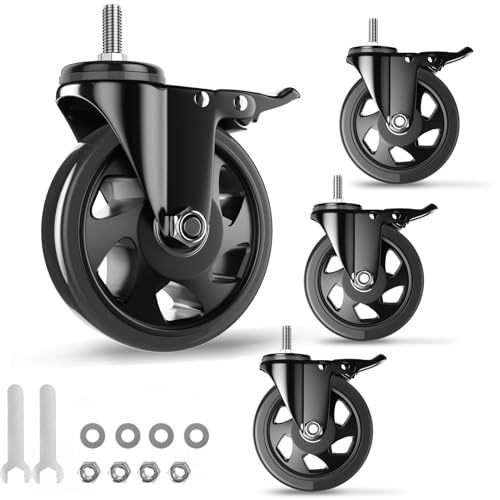 5 Inch Stem Caster Wheels Heavy Duty, Threaded Stem Casters Set of 4, Cart Wheels 1/2"-13 x 1 (Screw Diameter 1/2", Stem Length 1"), Safety Dual Locking Industrial Casters, Cart Wheels for Furniture