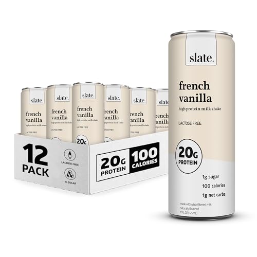 Slate Milk - High Protein Milk Shake - French Vanilla - Lactose Free, 20g Protein, 1g Sugar, 100 Calories, 1g Net Carbs, No Added Sugar - Natural, Breakfast Boost, Post Workout - 11 fl oz, 12 Cans